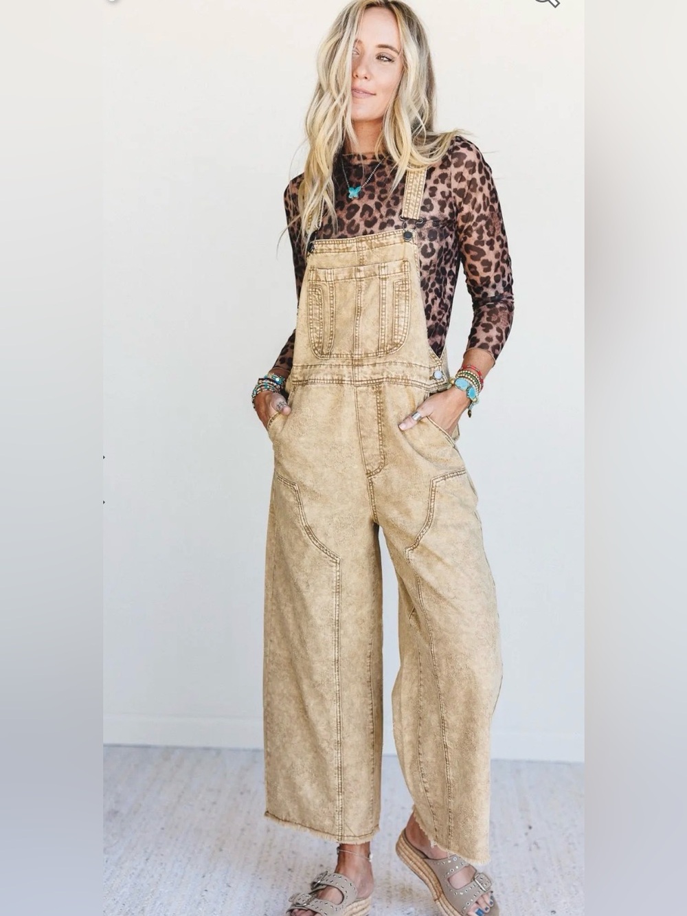 Easel Embroidered Floral Denim Overalls